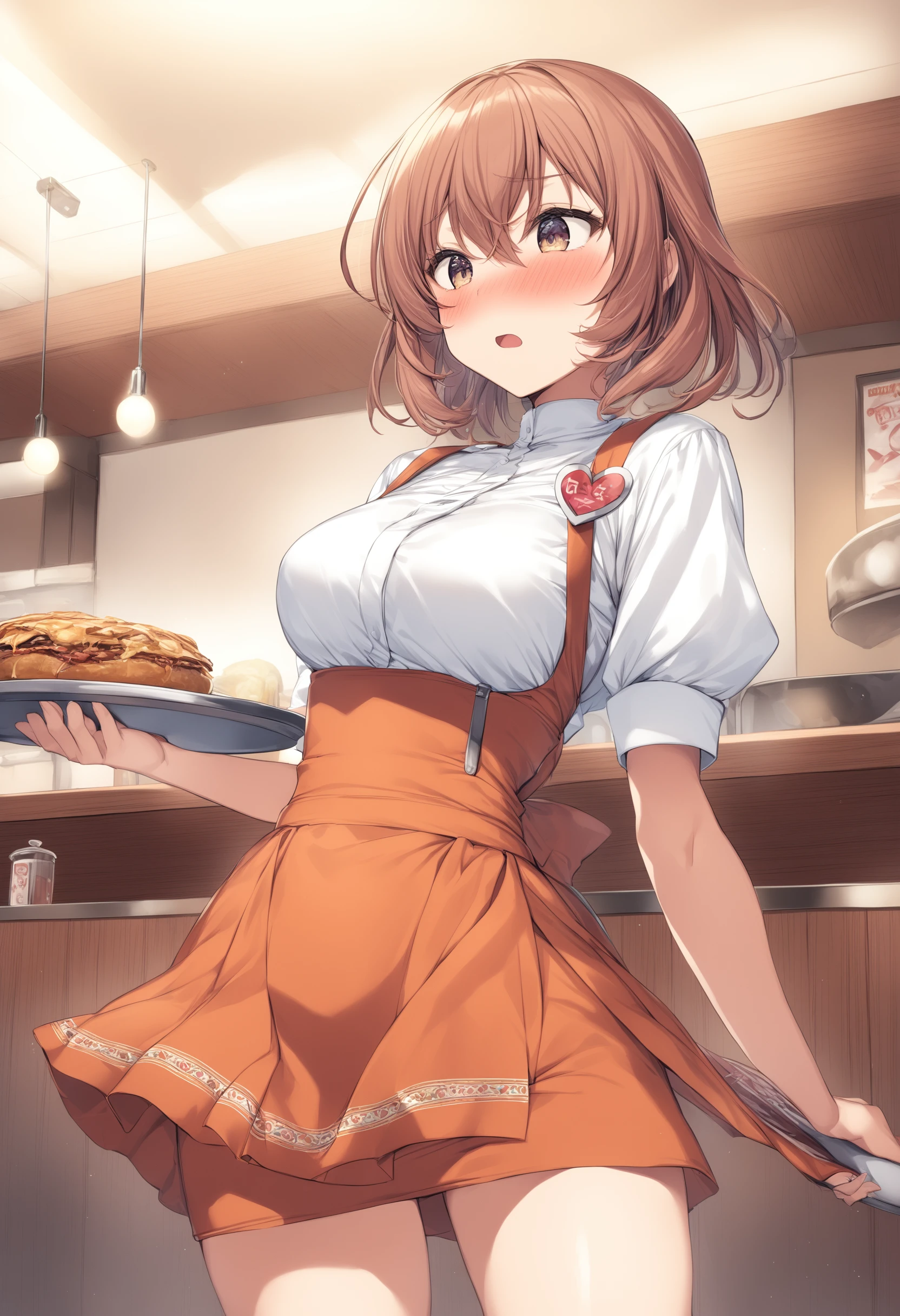 1girl, <lora:sdxl2-flat2-512b:-1>,medium breasts,solo,
<lora:annamillerXLv2:0.8>,anna miller ,waitress,name tag,high-waist skirt,suspender skirt, apron,
from below, fisheye lens, looking away, teasing smile,  closed mouth,restaurant,
best quality,medium quality,