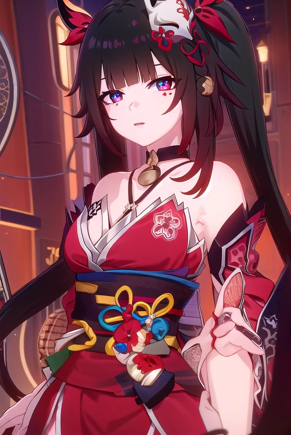 honkaisparkle, <lora:honkai sparkle ingame-lora-nochekaiser:1>,
sparkle, long hair, bangs, black hair, hair ornament, twintails, (red eyes:1.3), bell, mask, mask on head, fox mask, smile,
BREAK dress, bare shoulders, japanese clothes, sash, tattoo, red dress,
BREAK outdoors,
BREAK looking at viewer, (cowboy shot:1.5)
BREAK <lyco:GoodHands-beta2:1>, (masterpiece:1.2), best quality, high resolution, unity 8k wallpaper, (illustration:0.8), (beautiful detailed eyes:1.6), extremely detailed face, perfect lighting, extremely detailed CG, (perfect hands, perfect anatomy),