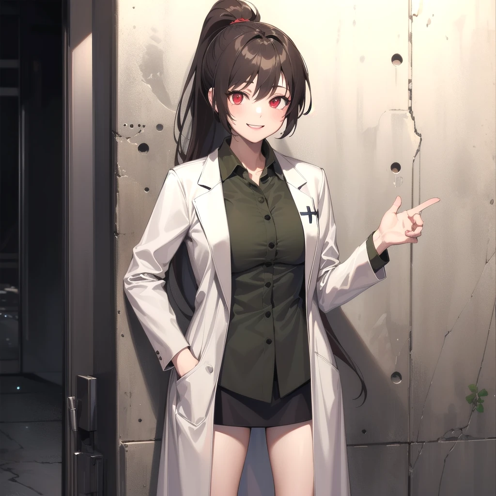 masterpiece, best quality,   1girl, solo,  smile, standing, red eyes, brown hair, long hair, ponytail, labcoat, green undershirt, short skirt, <lora:Carmen:1>, <lora:GoodHands-vanilla:1>