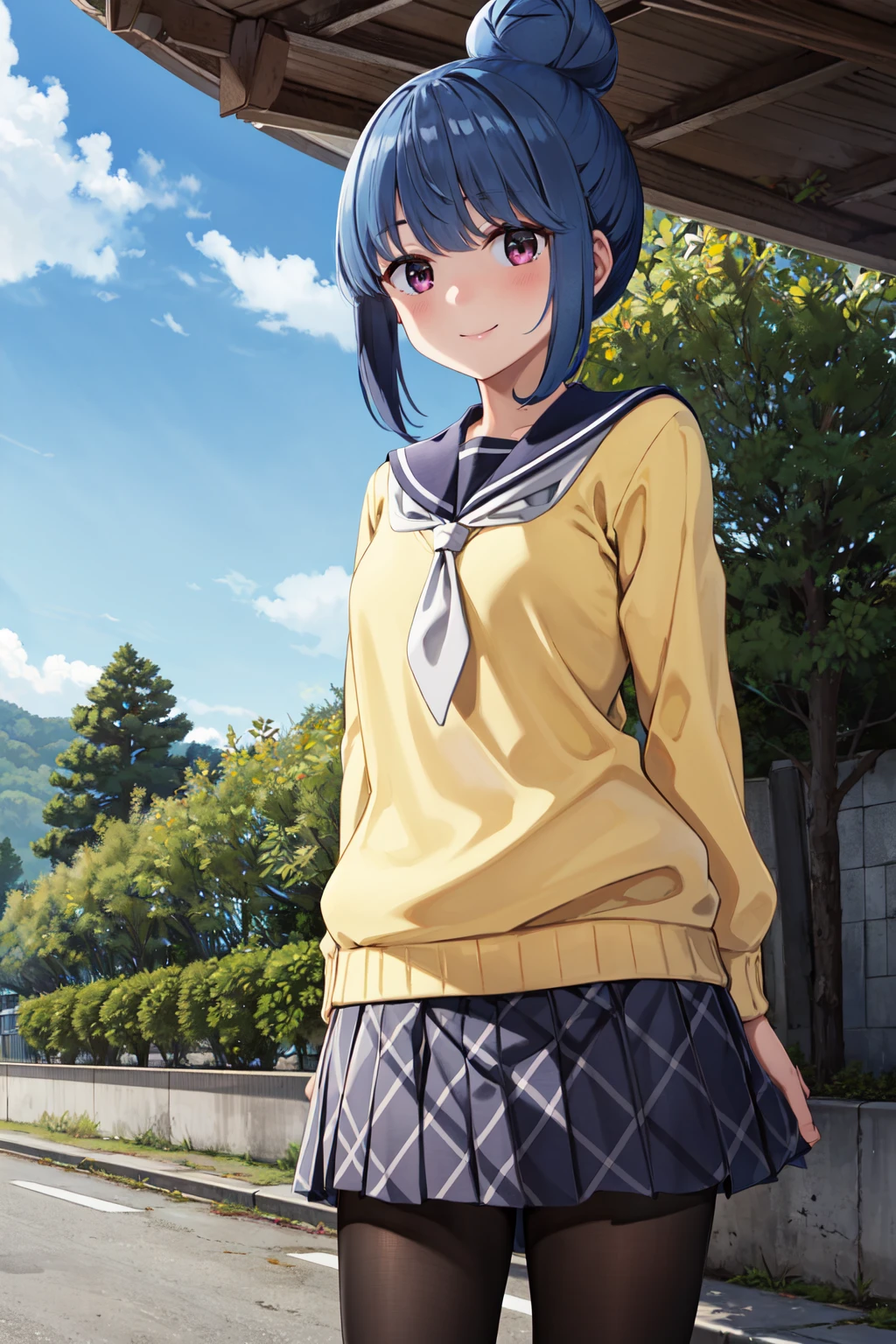 masterpiece,best quality,highres,ultra-detailed,shima rin,hair bun,sidelocks,bangs,motosu school uniform,white neckerchief,blue sailor collar,yellow sweater,long sleeves,plaid skirt,blue skirt,pantyhose,black pantyhose,loafers,brown footwear,<lora:shima_rin:0.7>,outdoors,standing,cowboy shot,smile,