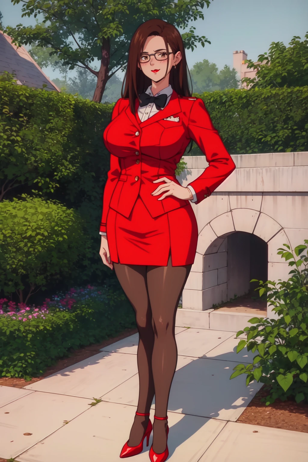 highres, high quality, intricate details, cinematic lighting, shiny, retro artstyle,
MaiKannazuki, 1girl, mature female, solo, standing, hands on own hips, full body,
looking at viewer, smirk, blush,
brown hair, (single sidelock:1.2), brown eyes, earrings, red lips, opaque glasses,
red blazer, bowtie, puffy long sleeves, red miniskirt, grey pantyhose, red high heels,
large breasts, curvy, milf,
outdoors, garden, day, mansion,
<lora:MaiKannazuki:1>