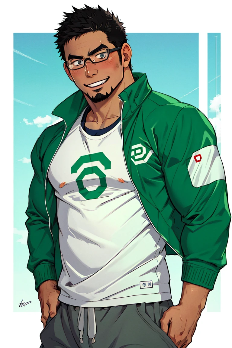 (1 image only),  solo male,  bara,  Kyoichi Ootomo,  Live A Hero,  Asain,  Japanese,  athlete,  PE teacher,  short hair,  black hair,  green streaked hair,  sideburns,  black eyes,  facial hair,  goatee,  (wore glasses),  tan skin,  white bandaid on nose,  white t-shirt,  ((pure green athletic jacket,  open jacket)),  grey shorts,  sneakers,  smile,  blush,  mature,  handsome,  charming,  alluring,  standing,  upper body,  perfect anatomy,  perfect proportions,  (best quality,  masterpiece),  (perfect eyes,  perfect eye pupil),  perfect hands,  high_resolution,  dutch angle,<lora:EMS-295219-EMS:0.600000>