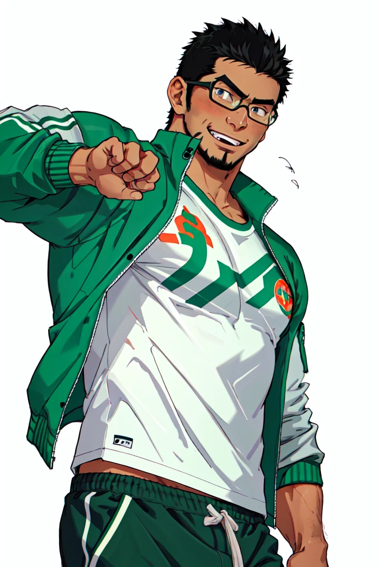 (1 image only),  solo male,  bara,  Kyoichi Ootomo,  Live A Hero,  Asain,  Japanese,  athlete,  PE teacher,  short hair,  black hair,  green streaked hair,  sideburns,  black eyes,  facial hair,  goatee,  (wore glasses),  tan skin,  white bandaid on nose,  white t-shirt,  ((pure green athletic jacket,  open jacket)),  grey shorts,  sneakers,  smile,  blush,  mature,  handsome,  charming,  alluring,  standing,  upper body,  perfect anatomy,  perfect proportions,  (best quality,  masterpiece),  (perfect eyes,  perfect eye pupil),  perfect hands,  high_resolution,  dutch angle,  school sports ground,  (1man),  best quality, <lora:EMS-295219-EMS:0.6>