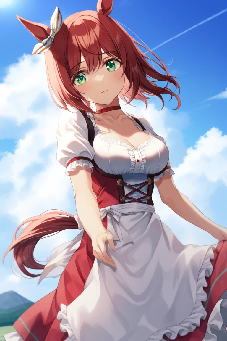 dirndl,  green eyes,  sky,  red skirt,  horse girl,  ribbon,  red choker,  white apron,  medium breasts,  day,  cloud,<lora:EMS-294816-EMS:0.700000>