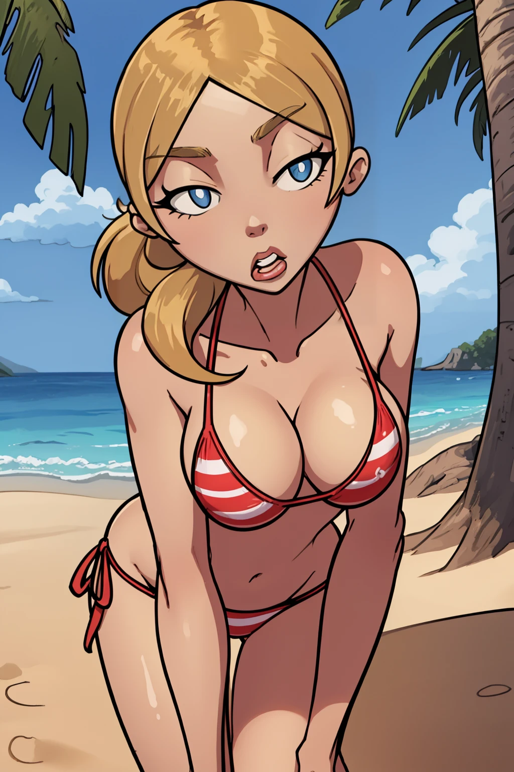 masterpiece, best quality,
1girl, jennifersweeney, blonde hair, ponytail, long hair, blue eyes, bikini,
solo, leaning forward, breasts focus, looking at viewer, sea, sand, blue sky, tropical island background    <lora:JenniferSweeney:1>