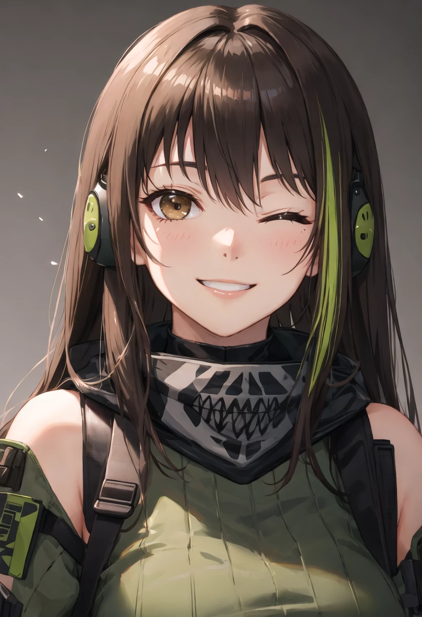 best quality, masterpiece, highres, solo, {m4a1_girlsfrontline:0.90}, smile, happy, one_eye_closed, portrait, looking at viewer