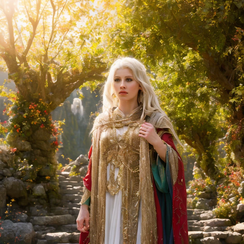 (masterpiece:1.2), (best quality,:1.2), 8k, HDR, ultra detailed, ((photorealistic)), perfect anatomy, professional light, cinematic lighting, fashion photography, ambient lighting, <lora:detail_slider_v4:2.5>, Brooke, <lora:Brooke-10:1>, as a female sorceress, wearing intricate robes, cloak, standing in the foreground in a magical and majestic elven city, white stone buildings, streets, vaulted bridges, highelf, <lora:HighElf-10:0.6>, in the style of Tolkien, Middle Earth, Rivendell, epiCPhoto