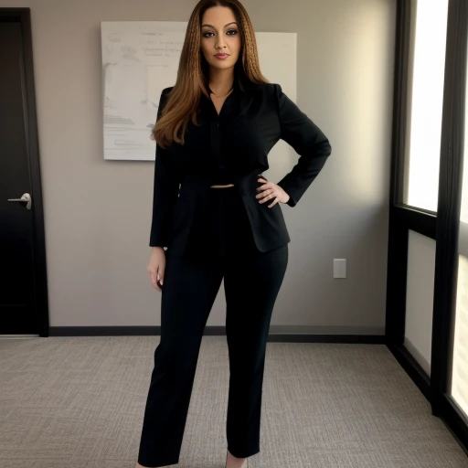 business photo of full body shot of a portrait of ava_addams, pants, black attire <lora:ava_addams:1>. Whole outfit, clear, sharp, balanced. Professional attire, workplace setting, confident<lora:lcm-lora-sd15:1.0>