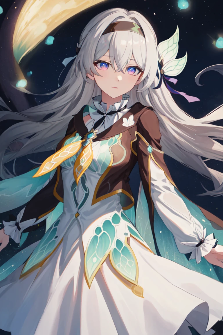 An anime girl,Genshin Impact,Firefly,Silver hair,Green clothes,Sword,chest,leg