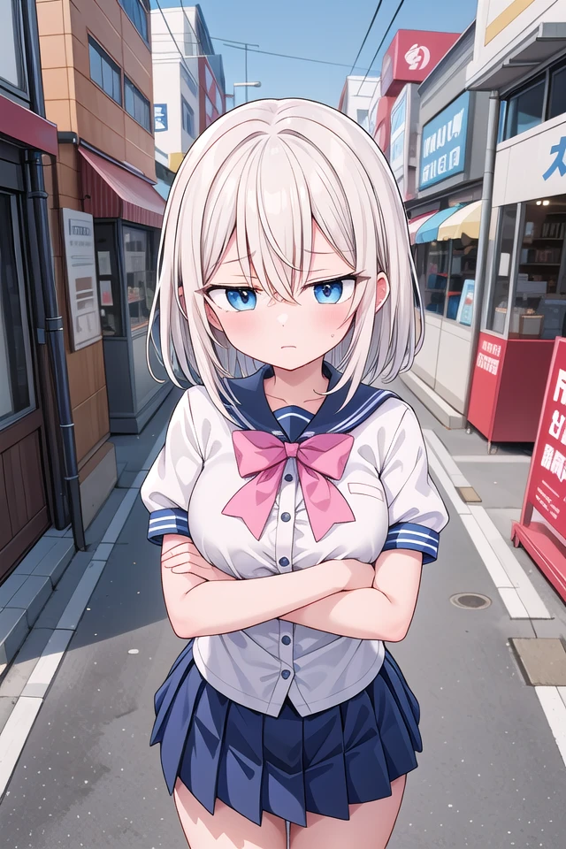 <lora:worriedeyes_v200:1>
insanely detailed, absurdres, ultra-highres, ultra-detailed, best quality,
1girl, solo, nice hands, perfect hands
BREAK
(wearing school uniform),
upset, closed mouth,
standing,crossed arms,
from front, cowboy shot, looking at viewer
BREAK
slender, kawaii, perfect symmetrical face, ultra cute girl, ultra cute face, ultra detailed eyes, ultra detailed hair, ultra cute, ultra beautiful
BREAK
in harajuku, shibuya, tokyo, street, crowd, cityscape,
medium large breasts
BREAK
(white) blonde hair, medium hair, messy hair, blue eyes, hair between eyes