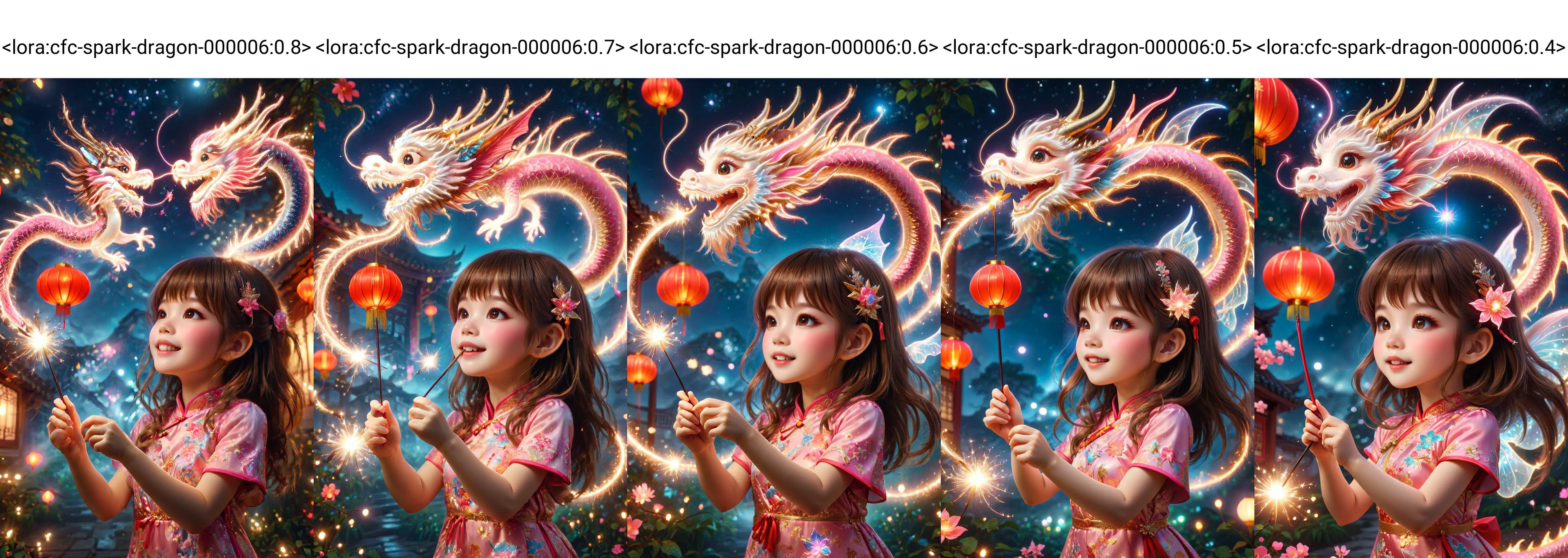 amazing quality, masterpiece, best quality, hyper detailed, ultra detailed, UHD, DOF, depth of field, HDR, perfect anatomy
solo, cute, kawaii, brown hair, joyfully plays with fairy wand, waving it in the air, red lantern, wearing pink cheongsam, milky way,
a small cfc-spark-dragon above the fairy wand, translucent, dazzling, shine, sparking, trajectory of sparks,
<lora:cfc-spark-dragon-000006:0.8>,
<lora:ral-lnrnwyr:0.5>, ral-lnrnwyr,
<lora:add-detail-xl:0.75>,
<lora:extremely_detailed:0.75>, extremely detailed,
<lora:quality1:1.0>,
<lora:DonM3t3rn1tyXL-v1.1-000008:0.7>, DonM3t3rn1tyXL,
<lora:zavy-chnsdrgn-sdxl:0.5>, zavy-chnsdrgn,
SK_Fantasy,