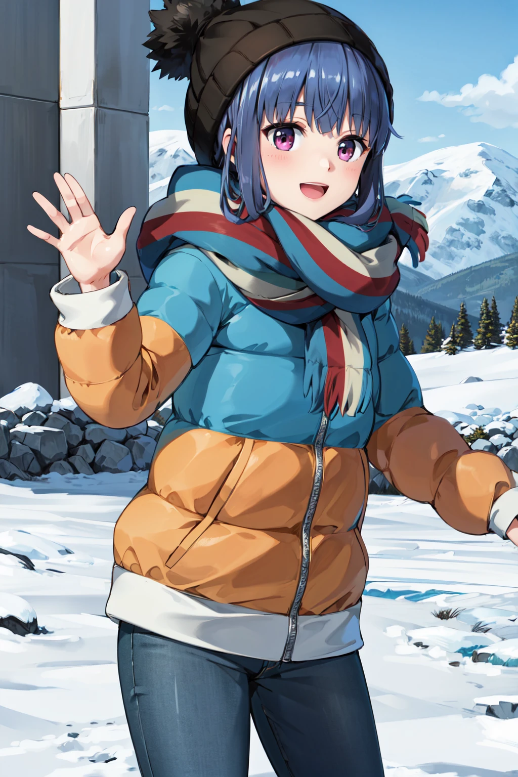 highest quality, masterpiece, High resolution, alone, {Shima_Also_yuru camp:1.15},( green_hair), purple_eye, closed_mouth, single_hair_good, hair_good, 1 girl, 前hair, blurry, blurry_background, (Motosu High School Girls Uniform Winter Clothes:1.3、Grey plaid skirt)、(lift up skirt、cute panties)