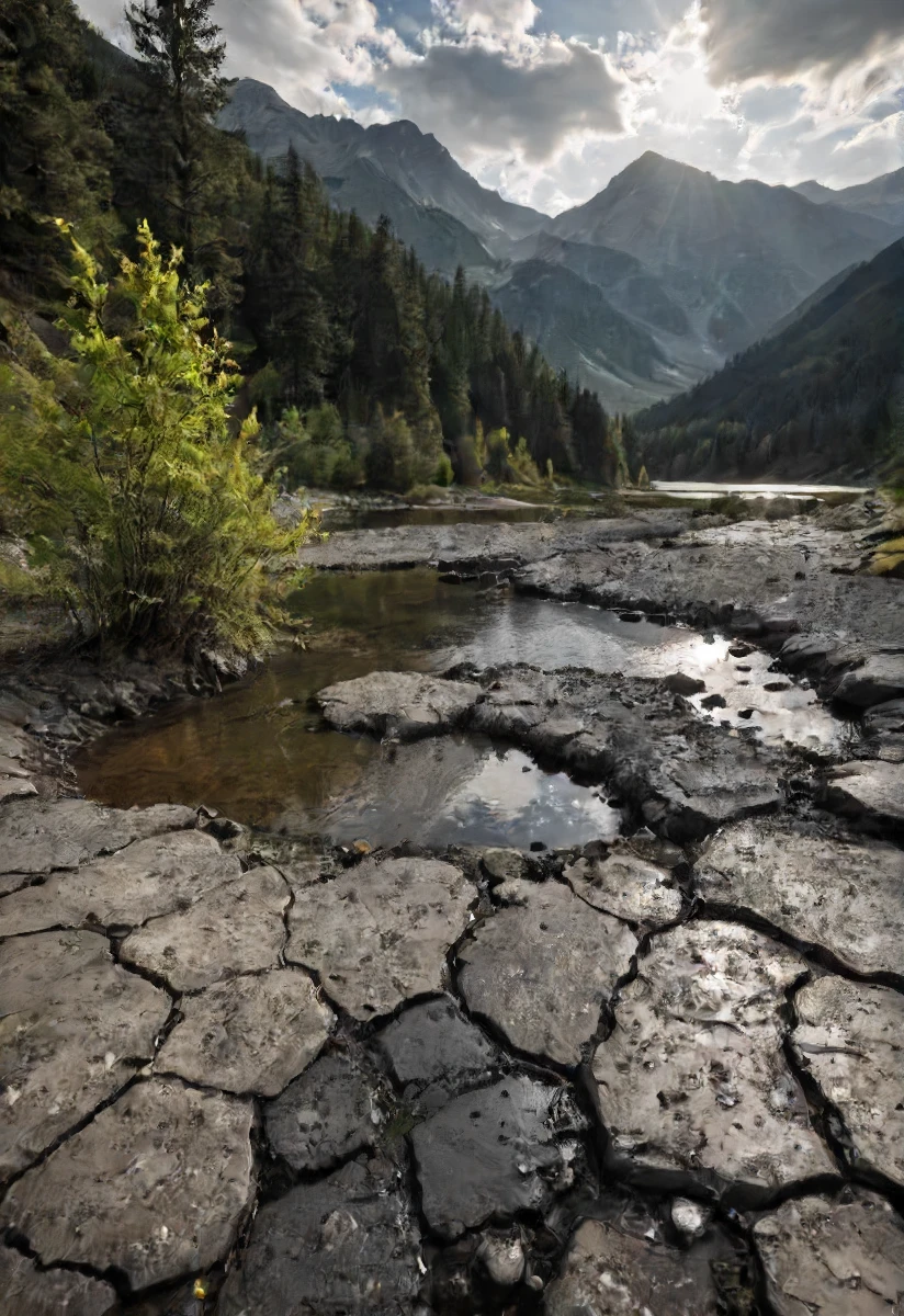 a weathered black sun in the sky, sunny day, landscape, mountains and a lake,    <lora:- SDXL - blk_weathered_asp_V1.0:.8>