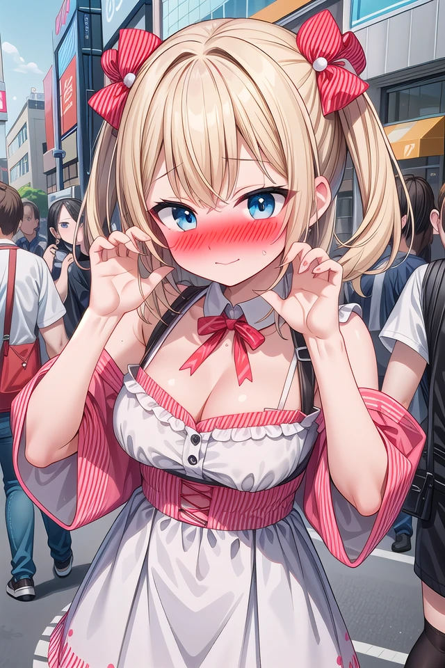 <lora:yudedako_v200:1>
insanely detailed, absurdres, ultra-highres, ultra-detailed, best quality,
1 girl, solo, nice hands, perfect hands
BREAK
(wearing harajuku-style coordinate),
embarrassed, full face blush, closed mouth,
dynamic pose, cowboy shot, looking at viewer
BREAK
slender, kawaii, perfect symmetrical face, ultra cute girl, ultra cute face, ultra detailed eyes, ultra detailed hair, ultra cute, ultra beautiful,
in harajuku, shibuya, tokyo, street, crowd, cityscape
medium breasts, cleavage
BREAK
(blonde medium hair, blue eyes)