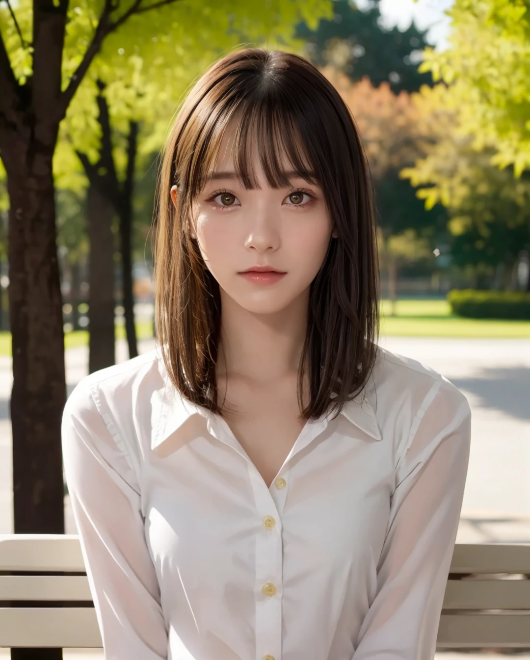 best quality, photorealistic, 8k, high res, full color, 1girl, woman, 20 years old woman, (closed mouth:1.43), (skindentation), trees, park bench, daylight, ((park background:1.52)), full color, ((white buttoned shirt:1.58)), looking at viewer:1.8, (1girl eyes looking at viewer:1.55), (medium hair, brownhair, partedbangs:1.85), (bokeh), <lora:AAV-yuka1:0.64>