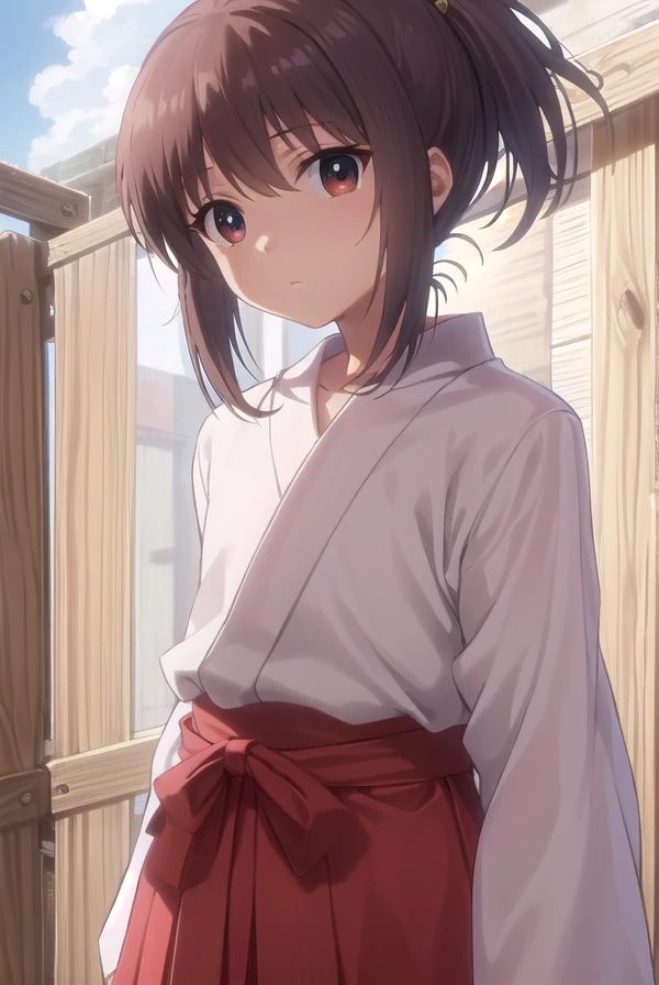 kaorukosumirekoichijou, <lora:kaoruko sumireko ichijou s1-lora-nochekaiser:1>,
kaoruko sumireko ichijou, brown hair, (brown eyes:1.5), ponytail,
BREAK skirt, long sleeves, japanese clothes, hakama, hakama skirt, miko, red hakama,
BREAK outdoors, shrine,
BREAK looking at viewer, (cowboy shot:1.5)
BREAK <lyco:GoodHands-beta2:1>, (masterpiece:1.2), best quality, high resolution, unity 8k wallpaper, (illustration:0.8), (beautiful detailed eyes:1.6), extremely detailed face, perfect lighting, extremely detailed CG, (perfect hands, perfect anatomy),