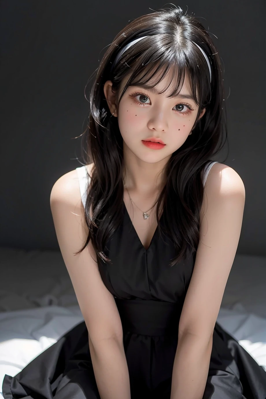 1girl, black formal dress, white background, <lora:RatahBNK48-02:1>