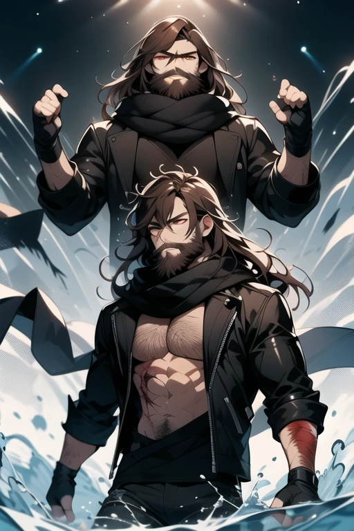 <lora:jeezo-06:1> jeezo, facial hair, black background, white powers, shirtless, scars on body, blood rising from water, white glowing eyes