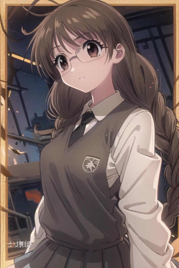 koiuichigusa, <lora:koi ui chigusa s1-lora-nochekaiser:1>,
koi ui chigusa, brown hair, (brown eyes:1.5), glasses, braid, hair braid, single braid, hair over shoulder,
BREAK skirt, school uniform, necktie, sweater vest,
BREAK indoors,
BREAK looking at viewer, (cowboy shot:1.5)
BREAK <lyco:GoodHands-beta2:1>, (masterpiece:1.2), best quality, high resolution, unity 8k wallpaper, (illustration:0.8), (beautiful detailed eyes:1.6), extremely detailed face, perfect lighting, extremely detailed CG, (perfect hands, perfect anatomy),