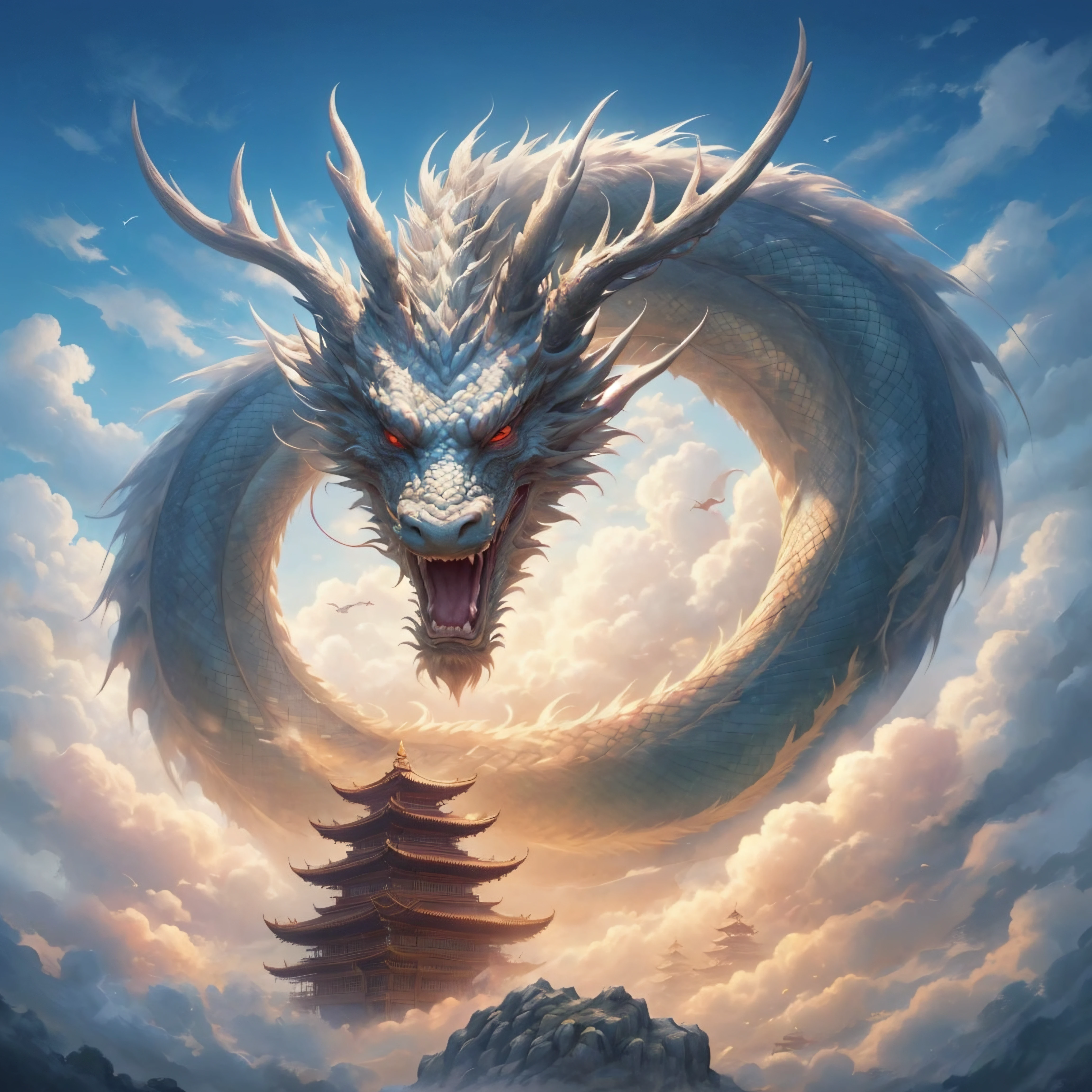 <lora:CloudyDragon:0.6>, antlers, architecture, bird, cloud, cloud dragons, cloudy, cloudy sky, cloudydragon, dragon, dragons, eastern dragon, fangs, fantasy, flying, glowing, horns, looking at viewer, monster, no humans, open mouth, outdoors, pagoda, red eyes, scales, simple background, sky
