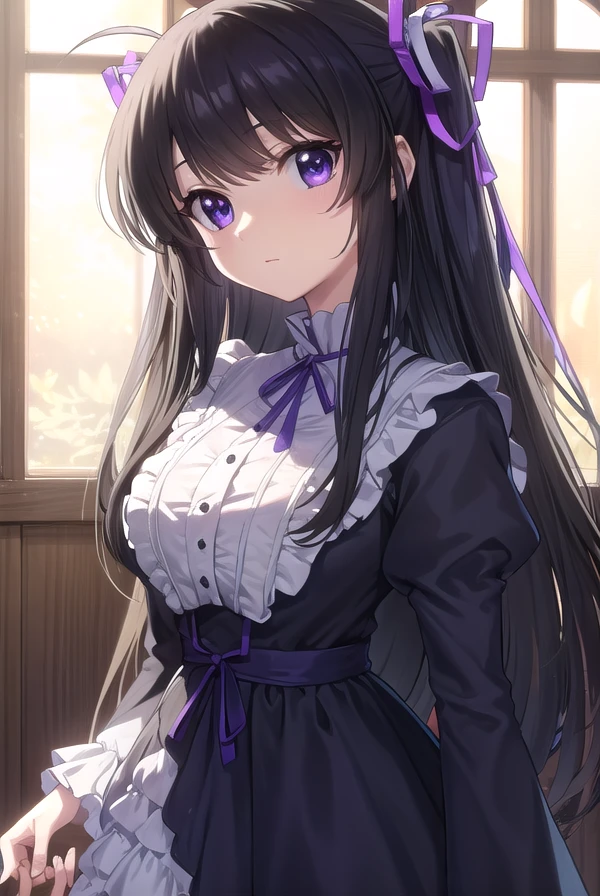 kirayurasakurazuki, <lora:kira yura sakurazuki s1-lora-nochekaiser:1>,
kira yura sakurazuki, long hair, black hair, (purple eyes:1.1), hair ribbon, antenna hair, twintails, purple ribbon,
BREAK long sleeves, puffy sleeves, juliet sleeves, frills, dress, black dress,
BREAK indoors,
BREAK looking at viewer, (cowboy shot:1.5)
BREAK <lyco:GoodHands-beta2:1>, (masterpiece:1.2), best quality, high resolution, unity 8k wallpaper, (illustration:0.8), (beautiful detailed eyes:1.6), extremely detailed face, perfect lighting, extremely detailed CG, (perfect hands, perfect anatomy),