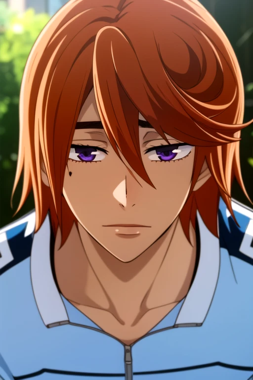photorealistic, (4k), depth of field, (Masterpiece), (realistic skin texture), extremely detailed, intricate, hyper detailed, high resolution, professional photography, bokeh, depth of field, sharp detail, best quality, looking at viewer, 1boy, solo, male focus, <lora:takuto_ashikiba:0.88>, takuto_ashikiba, orange hair, purple eyes, hair between eyes