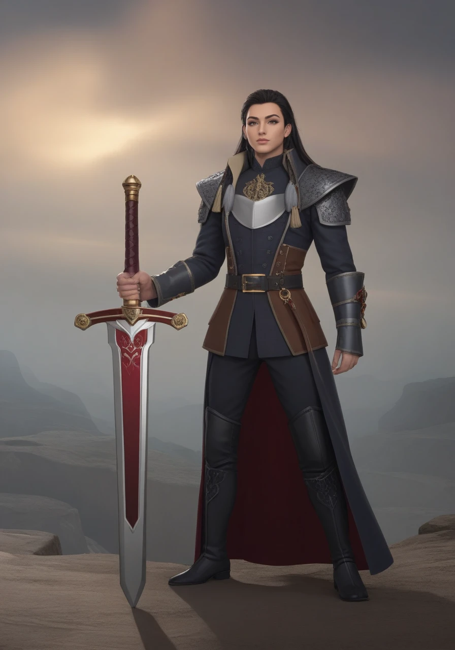 very complex hyper-maximalist overdetailed cinematic, (((palladin))), holding a sword, holy warrior