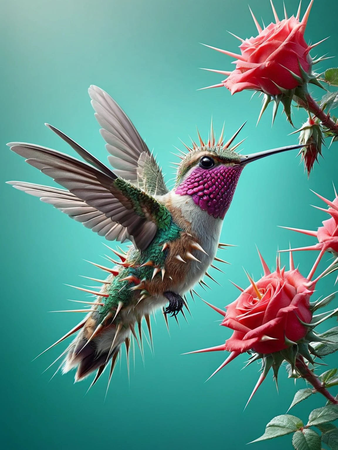 ais-thrny hummingbird, hovering over a thorny rose <lora:ais-thrny-sdxl:1>