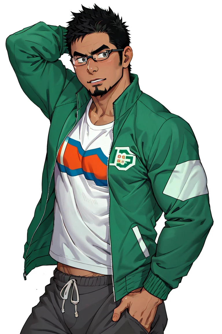 (1 image only),  solo male,  bara,  Kyoichi Ootomo,  Live A Hero,  Asain,  Japanese,  athlete,  PE teacher,  short hair,  black hair,  green streaked hair,  sideburns,  black eyes,  facial hair,  goatee,  (wore glasses),  tan skin,  white bandaid on nose,  white t-shirt,  ((pure green athletic jacket,  open jacket)),  grey shorts,  sneakers,  mature,  handsome,  charming,  alluring,  standing,  upper body,  perfect anatomy,  perfect proportions,  (best quality,  masterpiece),  (perfect eyes,  perfect eye pupil),  perfect hands,  high_resolution,  dutch angle,<lora:EMS-295219-EMS:0.600000>