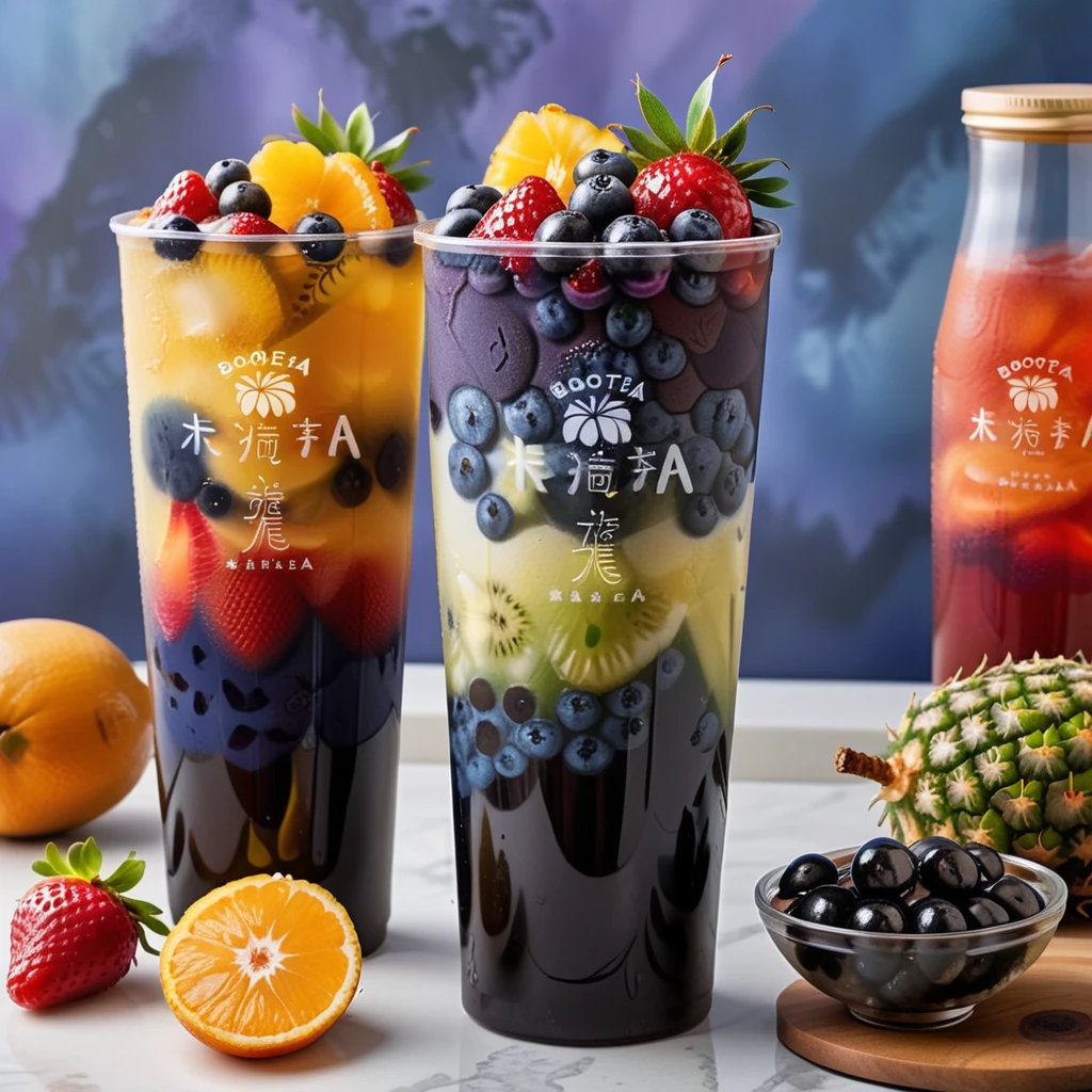 Create an image in a realistic style featuring a beverage composed of seven different colored fruit layers. Describe each layer vividly: red strawberries at the bottom, followed by orange oranges, yellow pineapples, green kiwis, blue blueberries, indigo grapes, and violet blackberries at the top. The glass should be transparent, allowing a clear view of the colorful fruit contents inside. On the glass, the text 'BOBOTEA' is elegantly inscribed, standing out against the vibrant backdrop of the drink, <lora:tteaw:0.8>,tteaw