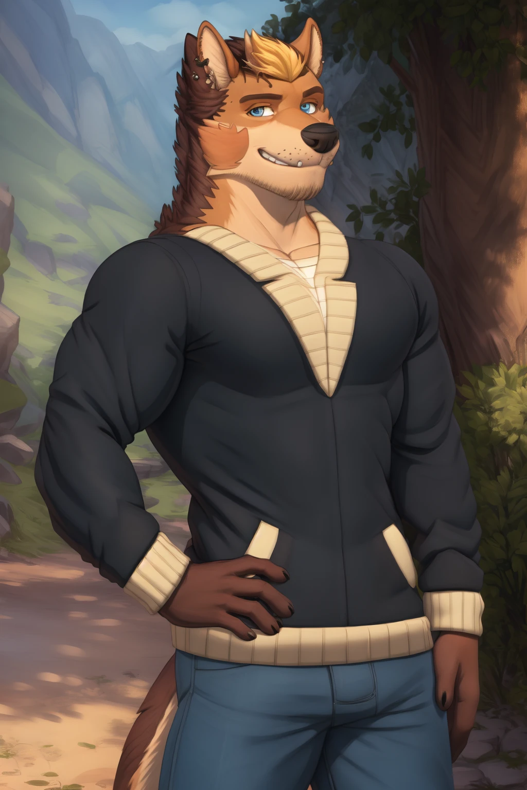 <lora:fred-06:1>, fredhze, solo, blue eyes, piercing, tail, muscular, (posing:1.3), (soft shading), 4k, hi res, ((detailed face, detailed)), by zackarry911, by zaush, (by personalami:0.5), looking at viewer, smile, black jacket, pants, front view, big pecs,