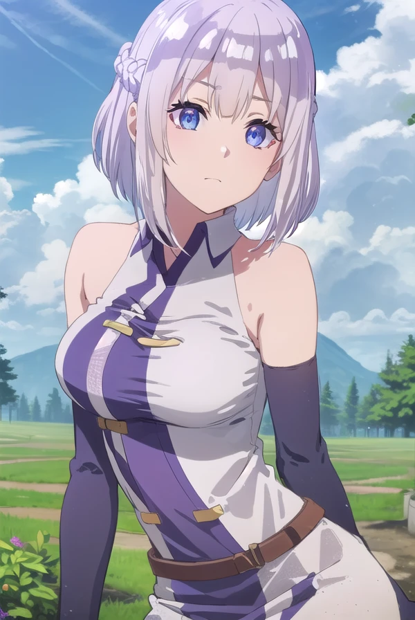 farmingisekaihakuren, <lora:farming isekai hakuren s1-lora-nochekaiser:1>,
hakuren, short hair, (purple eyes:1.1), braid, grey hair,
BREAK gloves, bare shoulders, sleeveless, black gloves, elbow gloves, chinese clothes,
BREAK outdoors, farm, crops, plants, trees, grass, sun, sky, clouds,
BREAK looking at viewer, (cowboy shot:1.5)
BREAK <lyco:GoodHands-beta2:1>, (masterpiece:1.2), best quality, high resolution, unity 8k wallpaper, (illustration:0.8), (beautiful detailed eyes:1.6), extremely detailed face, perfect lighting, extremely detailed CG, (perfect hands, perfect anatomy),