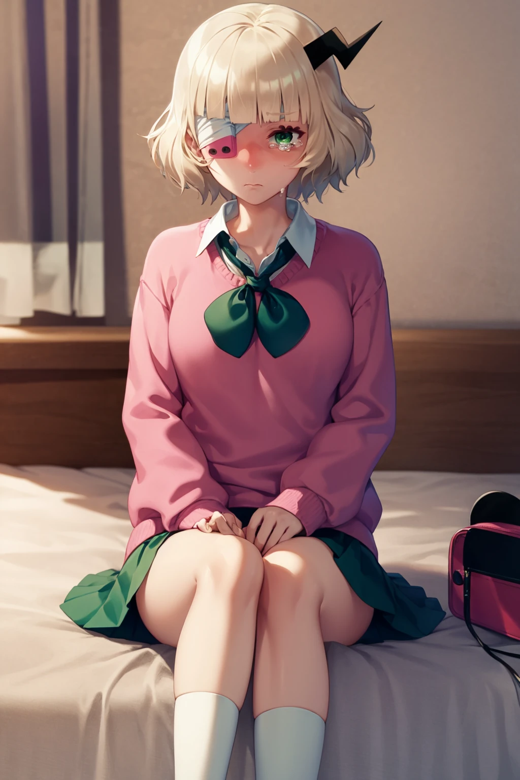 masterpiece, best quality,
1girl, ruruchan, blonde hair, short hair, eyepatch, green eyes, horns, collared shirt, pink sweater, long sleeves, ribbon, skirt, socks,
tears, sad, sitting, solo, looking at viewer, indoors, bedroom background <lora:Ruruchan:1>
