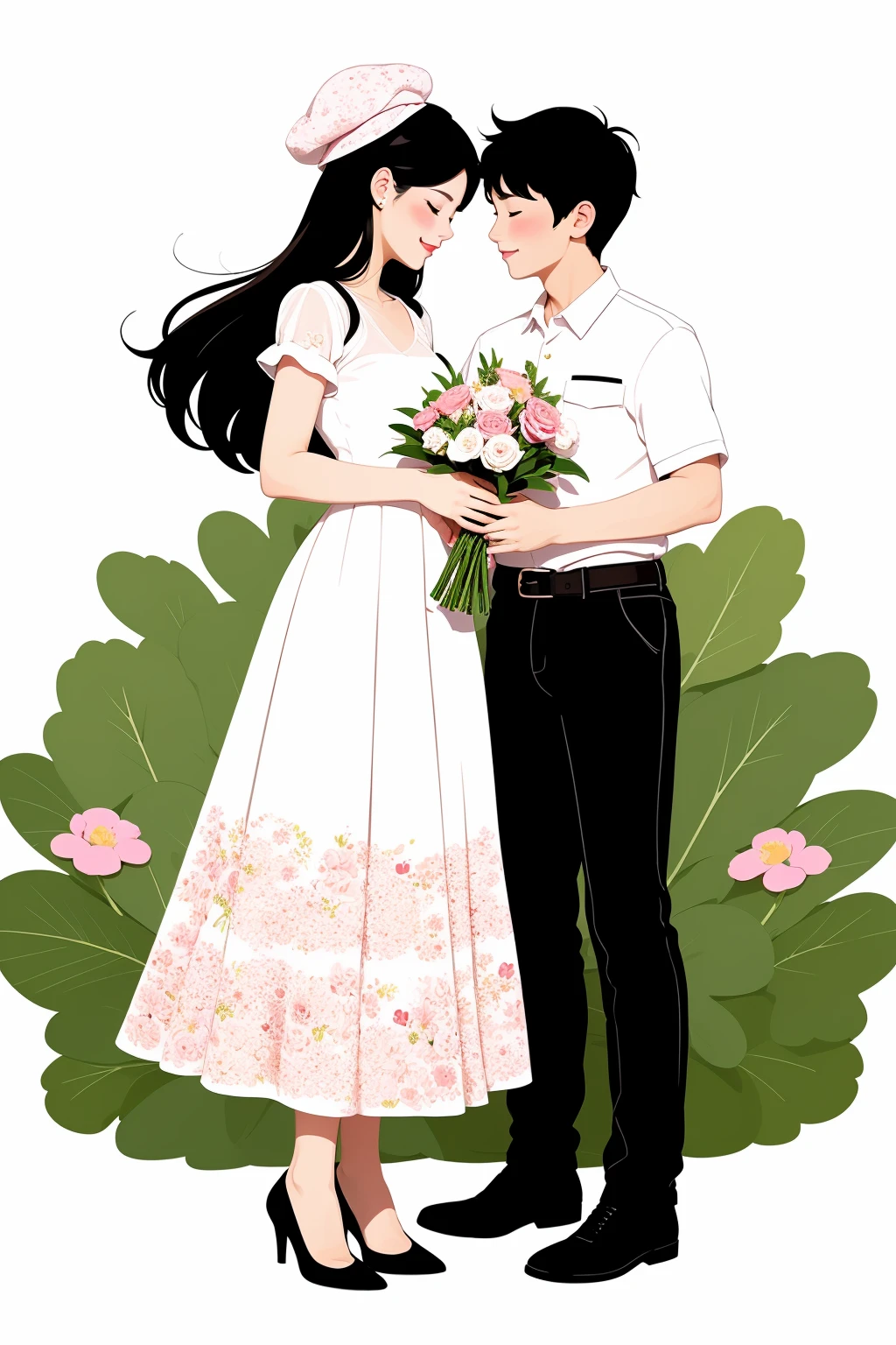 Valentine's Day,Flat painted style,1girl AND 1boy,long hair,blush,smile,short hair,brown hair,shirt,black hair,hat,white background,dress,holding,closed eyes,white shirt,flower,short sleeves,hetero,shoes,puffy sleeves,collared shirt,belt,pants,white dress,mole,high heels,mole under eye,beret,white headwear,brown footwear,floral print,couple,pink flower,bouquet,holding bouquet,print dress,<lora:lbc_Valentine's Day:0.6>,love,romantism,masterpiece,