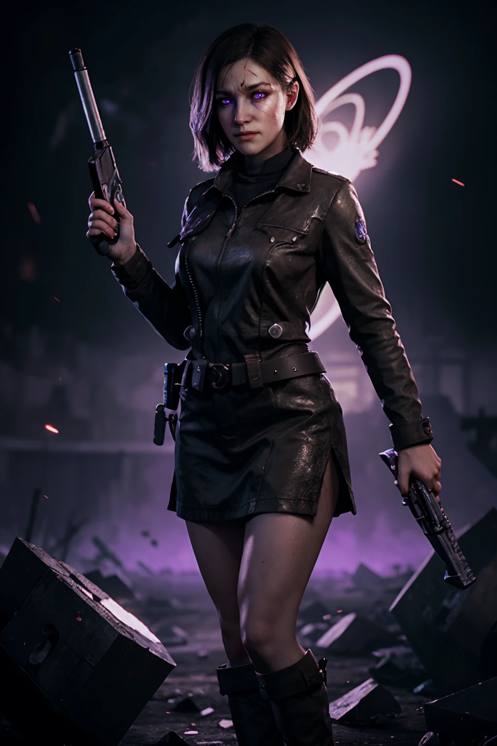 8k,highres,  ((full bodyshot)), highly detailed, 1girl,  in a purple aether background , surrounded by zombies , (holding a weapon), looking at the viewer, short wavy brown hair,,  sammaxis,    SFW    <lora:Samantha Maxis -000009:.4>   <lora:BetterGuns-V1:0.8>