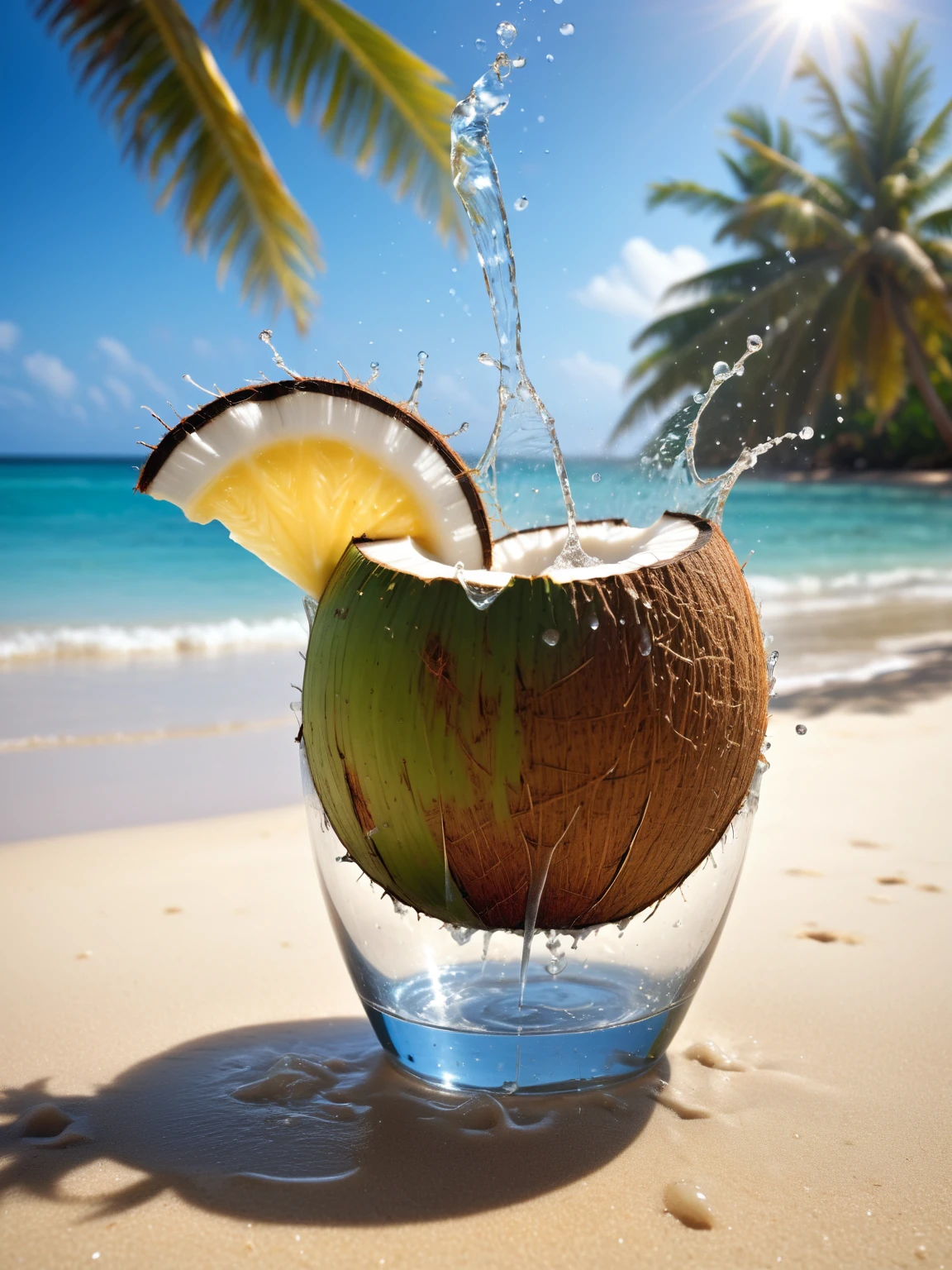 brown ripped coconut water in a dancing glass with condensation and refreshing beauty in the bombastic beach with water splashing and the sun shining you a happy day, high detail high definition photograph or immense resolution and intricate captures, dogde and burn style professional photo grading, sharpened, and material surface properties