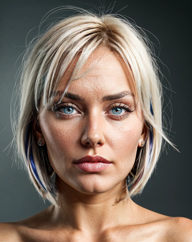 , realistic, stripe hair, a pretty woman, <lora:quiron_Magdalena_v4_Lycoris:0.77> MagdalenaQuiron,, skin pores, perfect iris, perfect eyes, serious, portrait, linkedin, grey background,