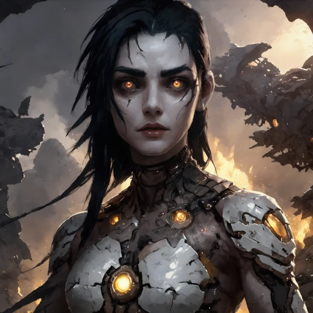 a cyborg woman in the battlefield, marble eyes, (black hair:1.4), <lora:Harbingers Style v1.1 SDXL :1>