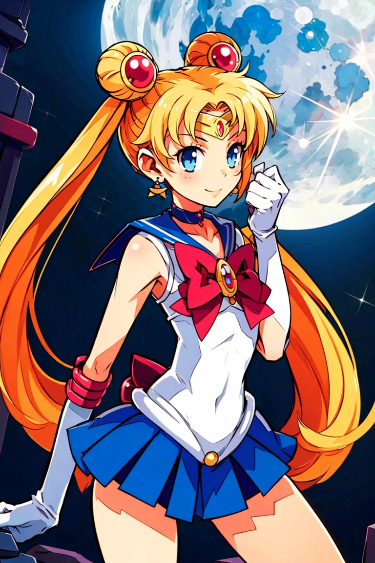 ((masterpiece,best quality)), 1girl, aausagi, double bun, twintails, parted bangs, circlet, jewelry, earrings, choker, red bow, white gloves, elbow gloves, blue skirt, <lora:sailor_moon_v1:0.7>, standing, cowboy shot, night, outdoors, moon, smile