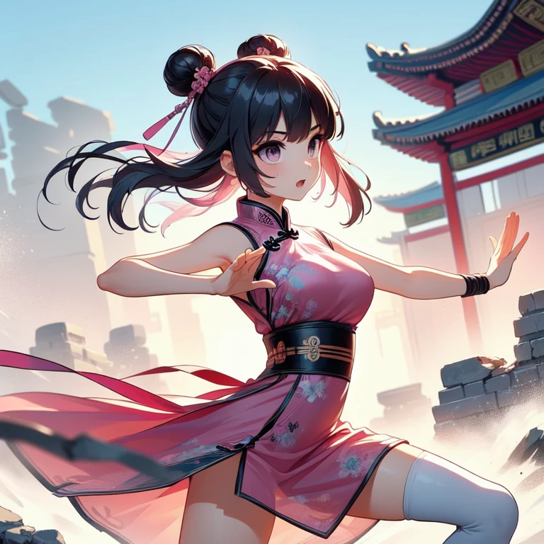 (((masterpiece))), (((best quality))), (((tsuuhaiken))), (((outstretched arms))), (((hand close to waist))), sidelocks, longhair, wristband, sleeveless, ((see through pink chiffon floral qipao)), fluttering skirt, wind, dust, steam, solo, 1girl, (((big tits))), ((ribbon)), open mouth, sweat, shy, blush, ((slim figure)), lace stockings, (((ancient china ruins))), <lora:girlliketsuuhaiken:1>,