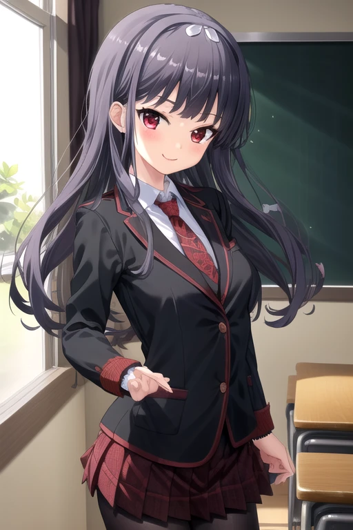 ((masterpiece)),(best quality),official art,extremely detailed CG,unity 8k wallpaper,ultra detailed,beautiful detailed eyes,extremely detailed face,classroom,1girl,solo,cowboy shot,looking at viewer,facing viewer,smile,nanase michika,very long hair,black hair,hairband,sidelocks,white bow,bangs,red eyes,blazer,black jacket,wing collar,red wrist cuffs,red necktie,collared shirt,white shirt,medium breasts,long sleeves,miniskirt,red skirt,plaid skirt,pleated skirt,black pantyhose,loafers,<lora:Nanase Michika(ip2)>,