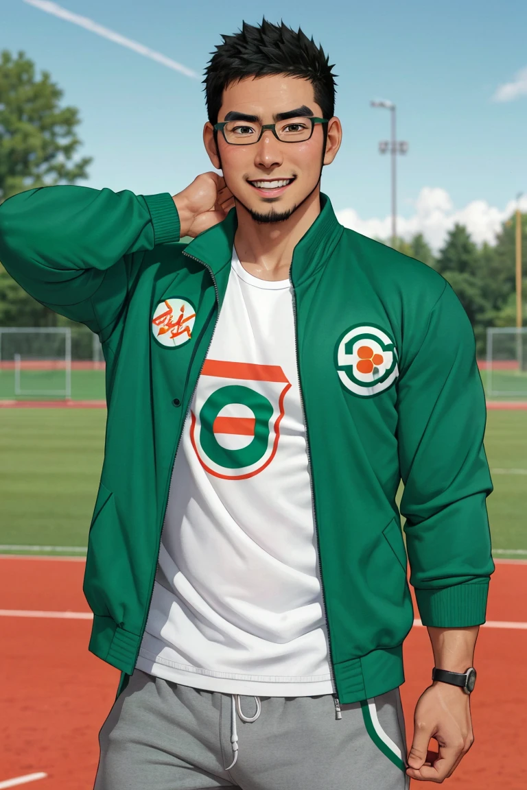 (1 image only),  solo male,  bara,  Kyoichi Ootomo,  Live A Hero,  Asain,  Japanese,  athlete,  PE teacher,  short hair,  black hair,  green streaked hair,  sideburns,  black eyes,  facial hair,  goatee,  (wore glasses),  tan skin,  white bandaid on nose,  white t-shirt,  ((pure green athletic jacket,  open jacket)),  grey shorts,  sneakers,  smile,  blush,  mature,  handsome,  charming,  alluring,  standing,  upper body,  perfect anatomy,  perfect proportions,  (best quality,  masterpiece),  (perfect eyes,  perfect eye pupil),  perfect hands,  high_resolution,  dutch angle,  school sports ground, (1man), best quality,<lora:EMS-295219-EMS:0.500000>