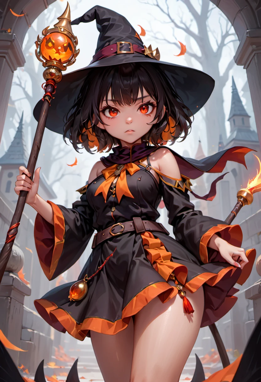 Full shot of a cute mischievous young witch Megumin waving her magical staff. Latin inspired fashion. Black and Orange palette. Mixed race, red eyes. By Ruan Jia and Artgerm and Range Murata and WLOP and CLAMP and Loish. Key Art. Fantasy Illustration. award winning, Artstation, intricate details, realistic, Hyperdetailed, 8k resolution.