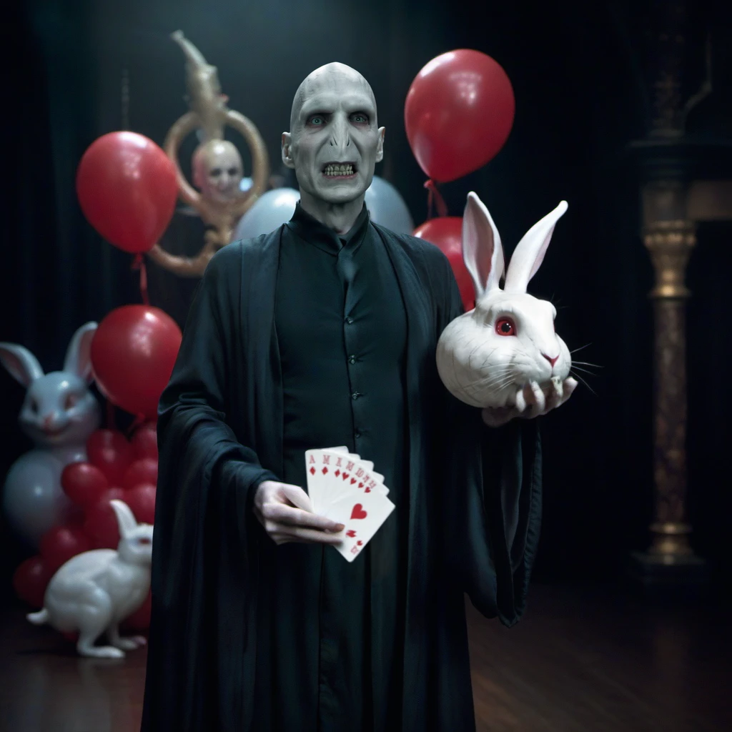 Vordemort is a dressed as magician with a white rabbit and balloons and cards, on a cabaret stage <lora:Voldemort1024:0.8>