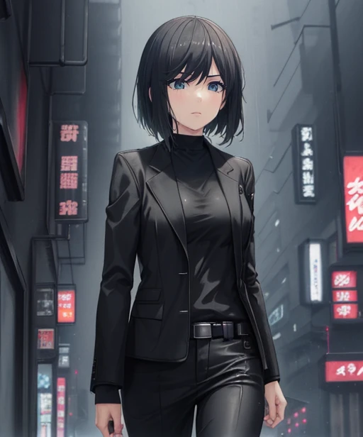 (adult woman), (1girl, solo), walking, ((black jacket)), serious, (black hair, bobcut), (blue eyes), ((future city, neotokyo, scifi city, cyberpunk)), (night, rain), ((best quality, high detail)), ((masterpiece)), <lora:1_k-ko_15e:1>