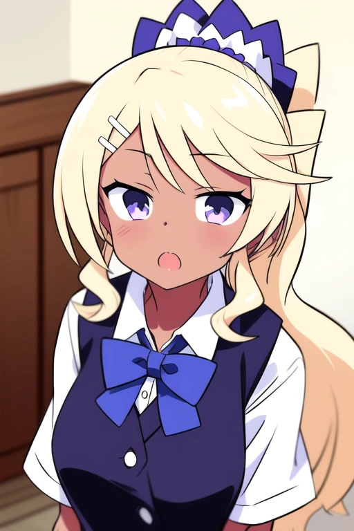 <lora:Tanaka_Ryouko:1>, TanakaRyouko, 1girl, solo, hair ornament, bow, dark-skinned female, blue eyes, scrunchie, looking at viewer, ponytail, :o, upper body, bowtie, shirt, red bow, hair scrunchie, white shirt, vest, purple eyes, gyaru, open mouth,
masterpiece, high quality, very_high_resolution, large_filesize, full color,