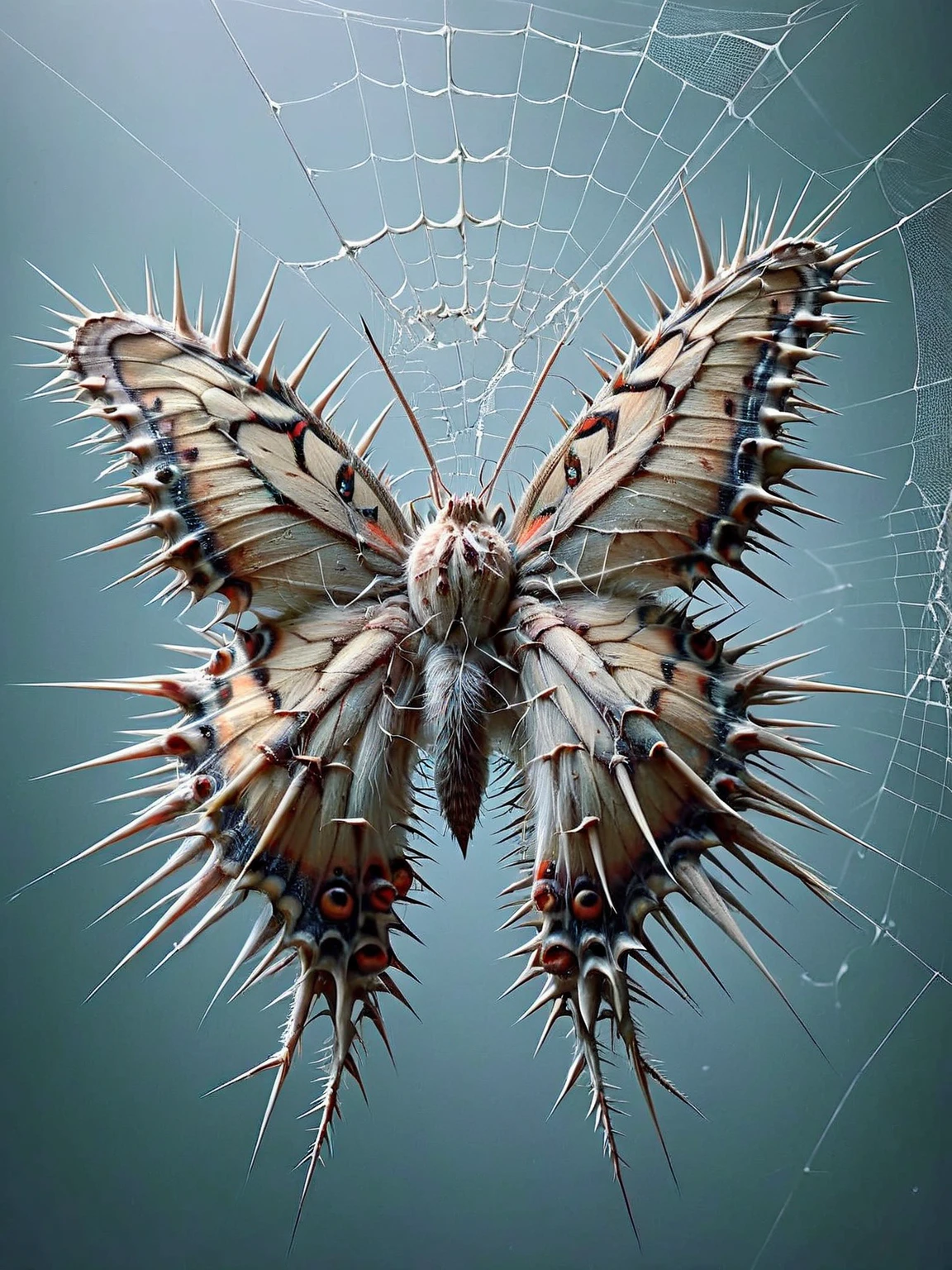 ais-thrny butterfly, its wings tattered, caught in a spiderweb <lora:ais-thrny-sdxl:1>