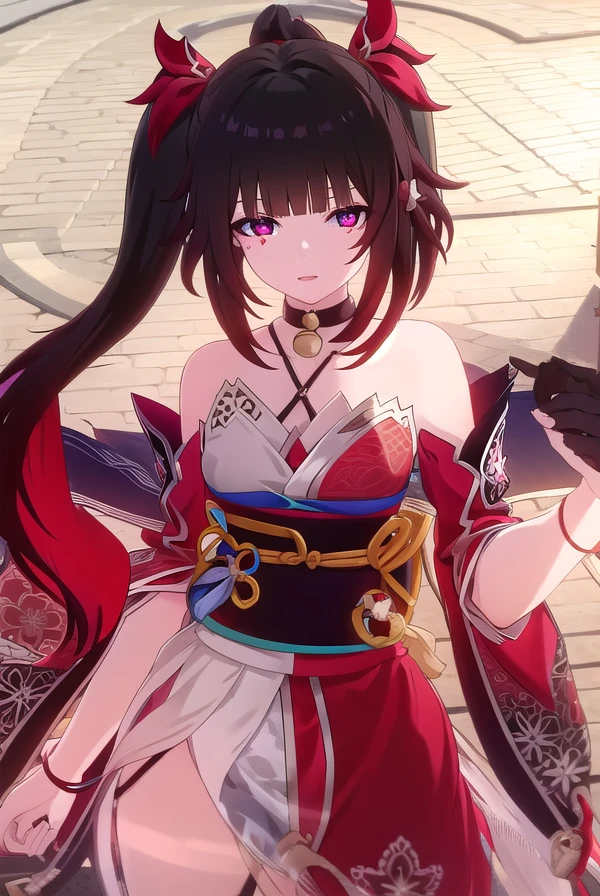 honkaisparkle, <lora:honkai sparkle ingame-lora-nochekaiser:1>,
sparkle, long hair, bangs, black hair, hair ornament, twintails, (red eyes:1.3), bell, mask, mask on head, fox mask, smile,
BREAK dress, bare shoulders, japanese clothes, sash, tattoo, red dress,
BREAK outdoors,
BREAK looking at viewer, (cowboy shot:1.5)
BREAK <lyco:GoodHands-beta2:1>, (masterpiece:1.2), best quality, high resolution, unity 8k wallpaper, (illustration:0.8), (beautiful detailed eyes:1.6), extremely detailed face, perfect lighting, extremely detailed CG, (perfect hands, perfect anatomy),