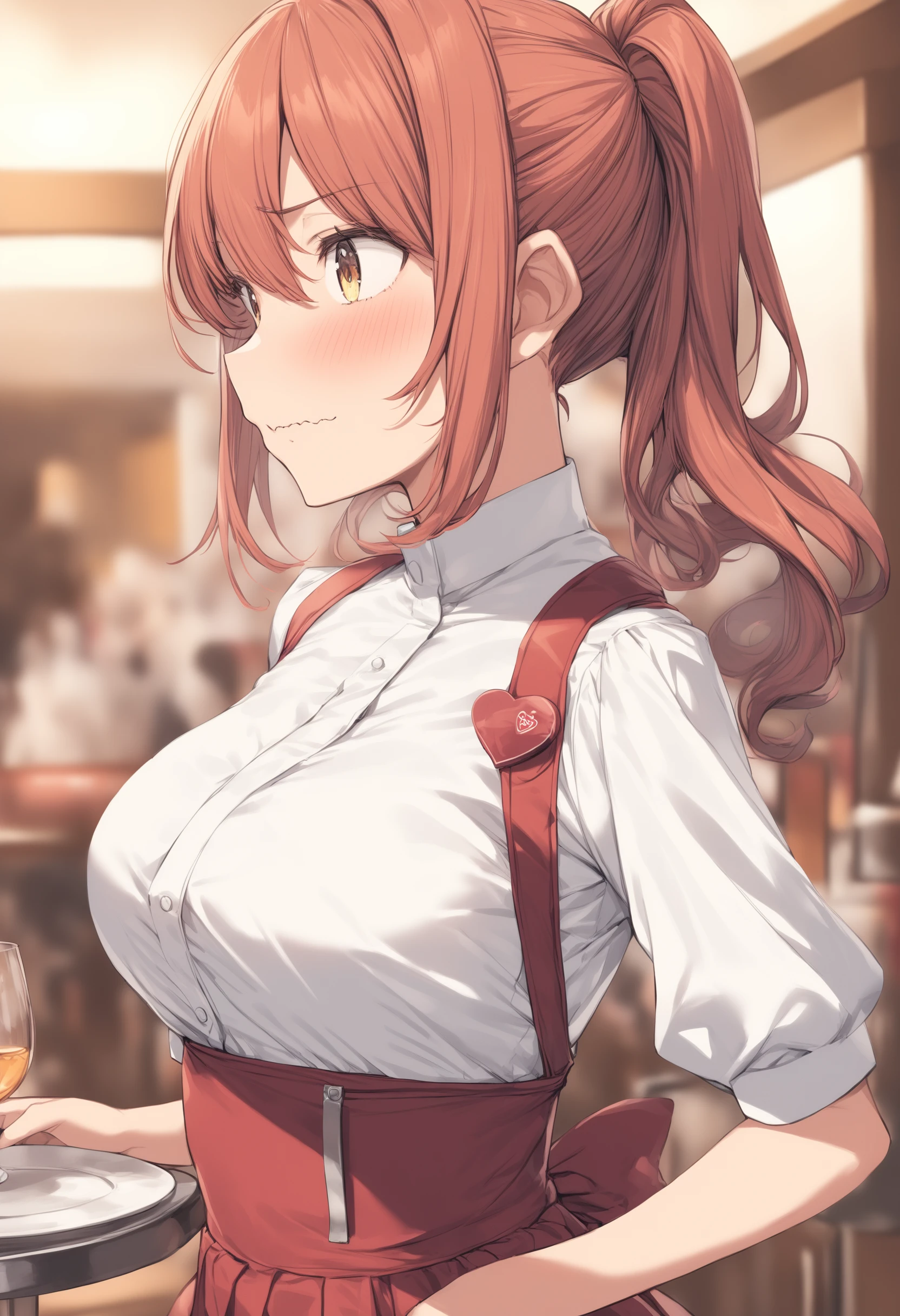 masterpiece, best quality, very aesthetic, absurdres, newest, 1girl, solo, breasts, looking at viewer, blush, skirt, brown hair, shirt, holding, hair between eyes, brown eyes, jewelry, closed mouth, white shirt, short sleeves, sidelocks, pleated skirt, collared shirt, indoors, necklace, hair bun, cup, book, window, single hair bun, bottle, plant, holding cup, alcohol, drinking glass, brown skirt, bookshelf, wine glass, wine, wine bottle