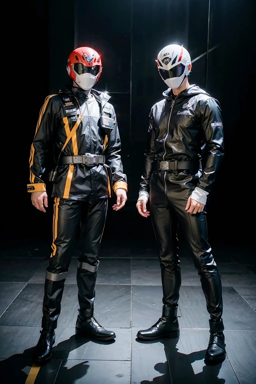(masterpiece), best quality, perfect, ((2 men)), full body, suit, masked, helmet, SPD, <lora:SPD-02:0.85>
